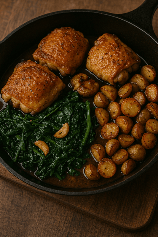 Crispy chicken thighs with garlic greens and roasted potatoes in a cast iron skillet.