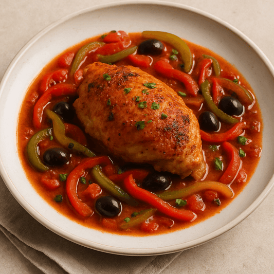 Delicious rustic chicken cacciatore with peppers, olives, and tomato sauce, served on a white plate.