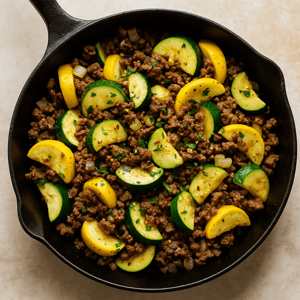 Ground Beef & Summer Veggie Skillet featuring sautéed beef, zucchini, and squash in a cast iron pan.