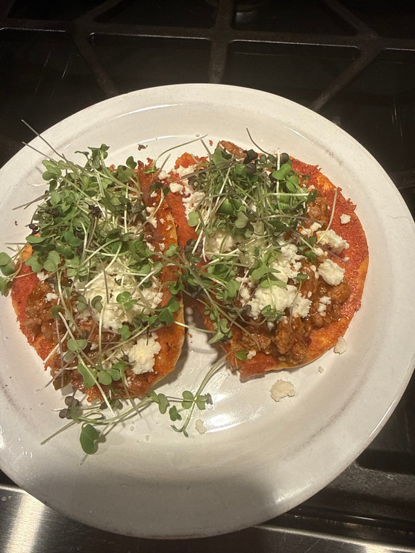 Griddled Cheddar Shell Tacos with Ground Pork, Cotija & Microgreens