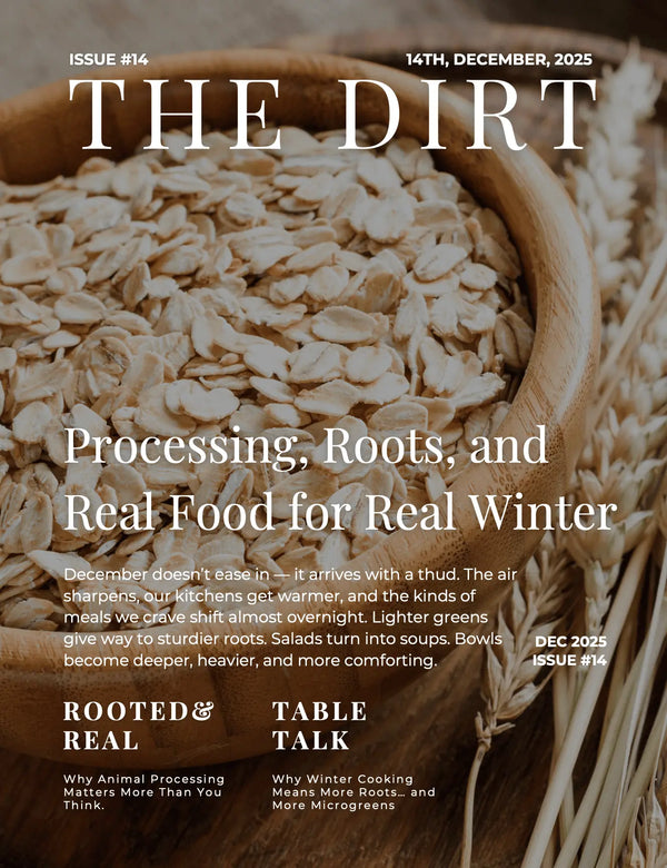 Cover of The Dirt Issue #14 featuring oats and wheat; highlights real food winter tips for a comforting season.