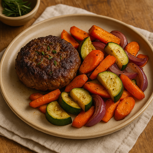 Juicy garlic-rosemary beef patty served with roasted carrots, zucchini, and red onions on a rustic plate.