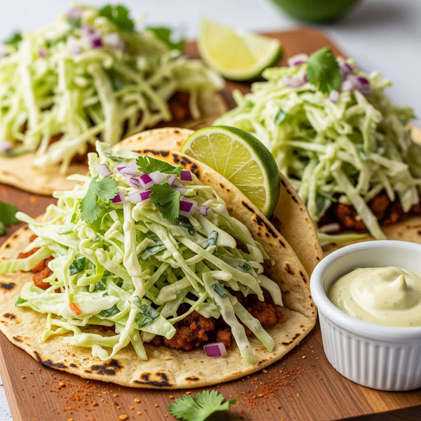 🌮 Green Cabbage Slaw Tacos (Chicken, Fish, or Beef) topped with fresh cabbage and lime on a wooden board.