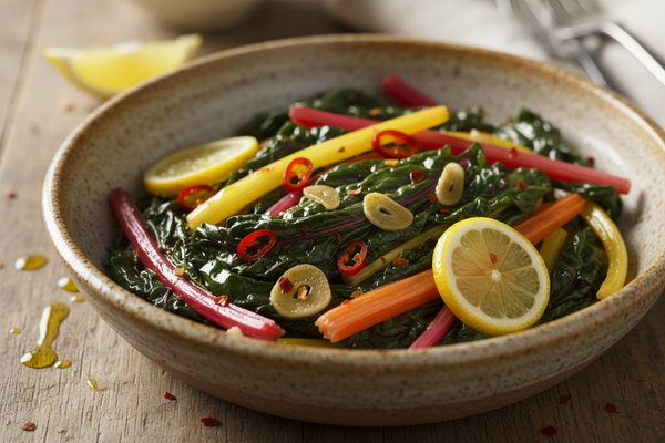 Braised Rainbow Chard with Garlic, Chili & Lemon