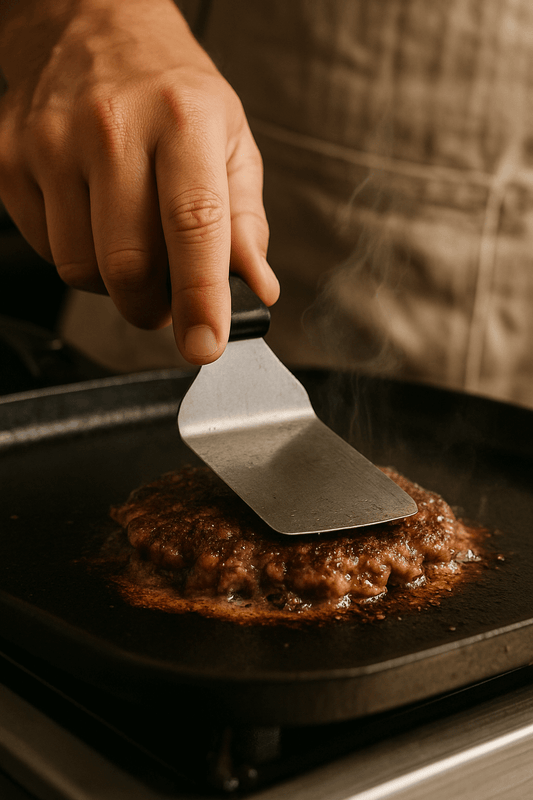 Chef pressing a smash burger on a hot griddle, with steam rising and a golden crust forming.