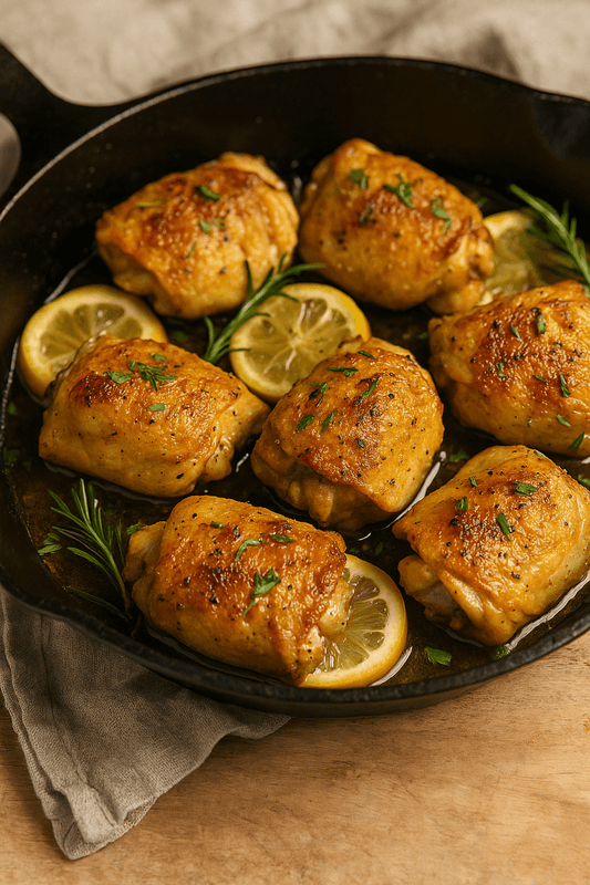 Golden lemon-herb chicken thighs served in a skillet with fresh lemon slices and herbs.