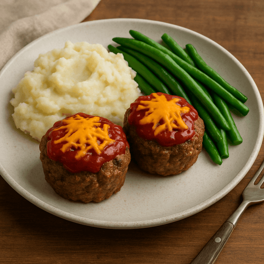 Mini beef and cheese meatloaf cups topped with ketchup and cheese, served with mashed potatoes and green beans.