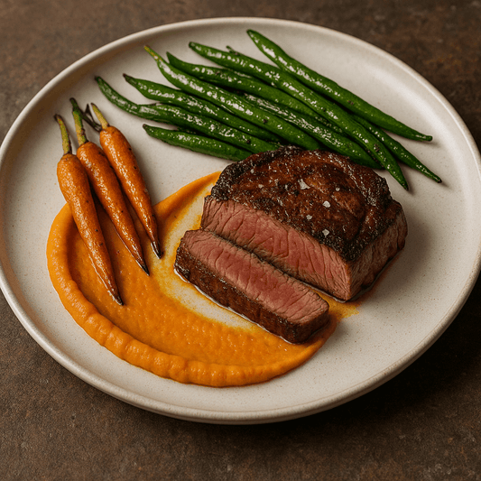 Perfectly plated steak with green beans and baby carrots on a creamy carrot puree.