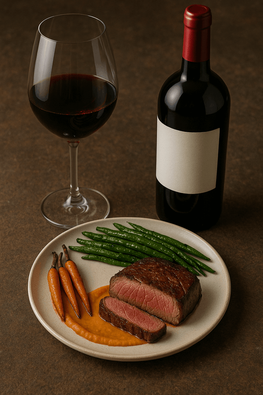 Sliced grass-fed beef steak with carrots and green beans, paired with a glass of red wine and a wine bottle.