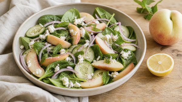 Spinach, cucumber, white peach, Tropea onion, and feta salad