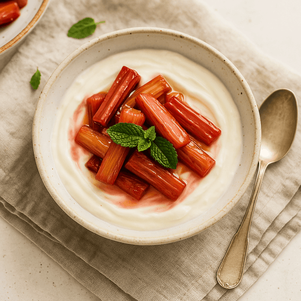 🍯 Honey-Roasted Rhubarb with Vanilla Yogurt served in a bowl, topped with mint leaves.