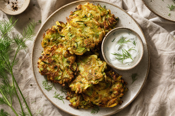 Zucchini and Leek Fritters with Dill Yogurt