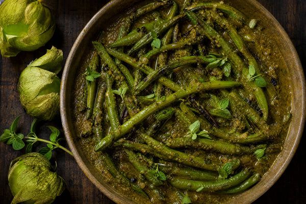 Tomatillo-Braised Green Beans with Oregano