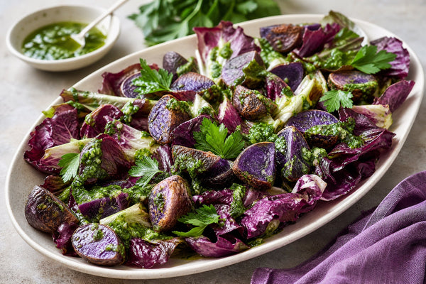 Roasted Purple Majesty Potato and Red Romaine Salad with Parsley Vinaigrette