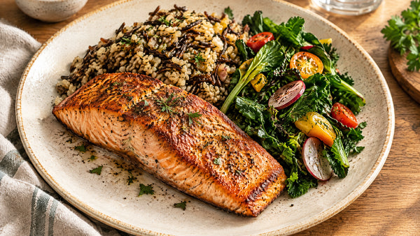 Pan-seared wild salmon with Cahokia rice and weekly greens