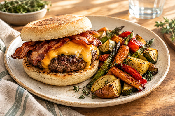 Bacon-cheddar English muffin burger with roasted seasonal vegetables