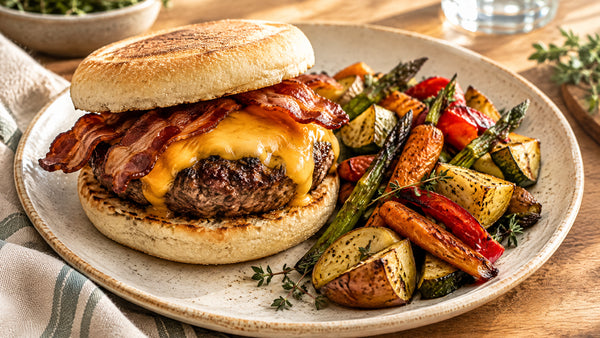 Bacon-cheddar English muffin burger with roasted seasonal vegetables