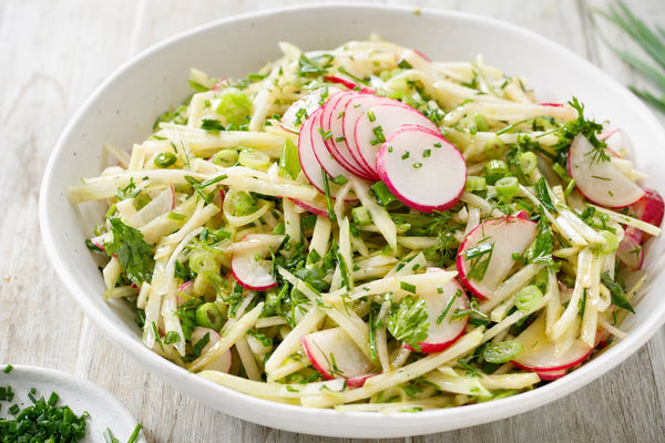 Kohlrabi and radish slaw with maple-miso dressing