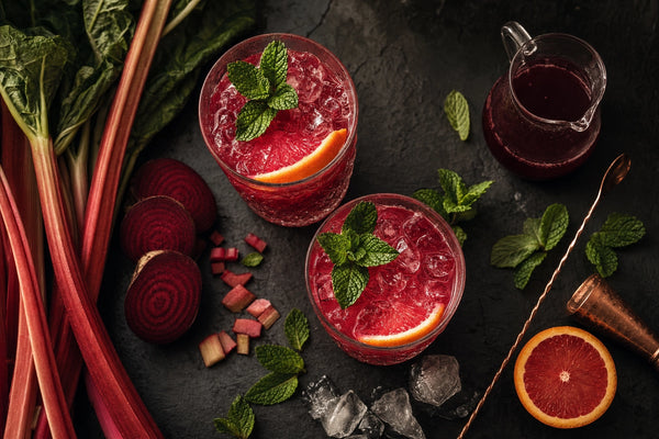 Rhubarb and beet shrub cocktails with grapefruit and mint
