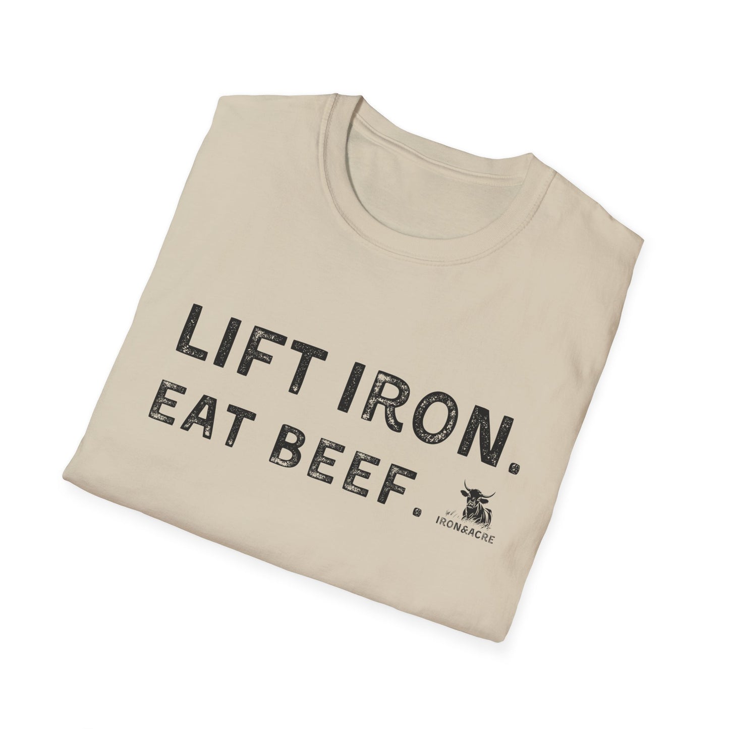 Unisex softstyle t-shirt with 'Lift Iron. Eat Beef.' design, perfect for gym lovers and casual outings.