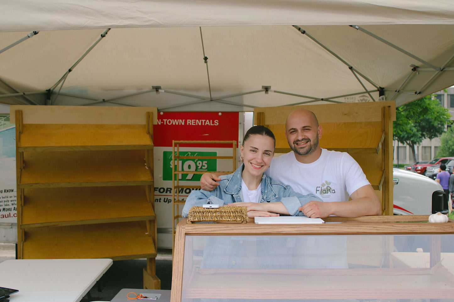 Couple at FlaRa bakery stand, promoting đ FlaRa Sourdough (1 loaf) freshly made with love.