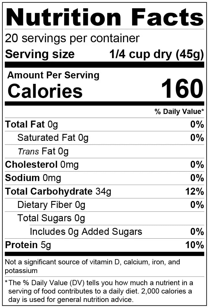 Nutrition facts for Cahokia Rice - High Protein Wild Rice (2lb Bag) detailing calories and protein content.