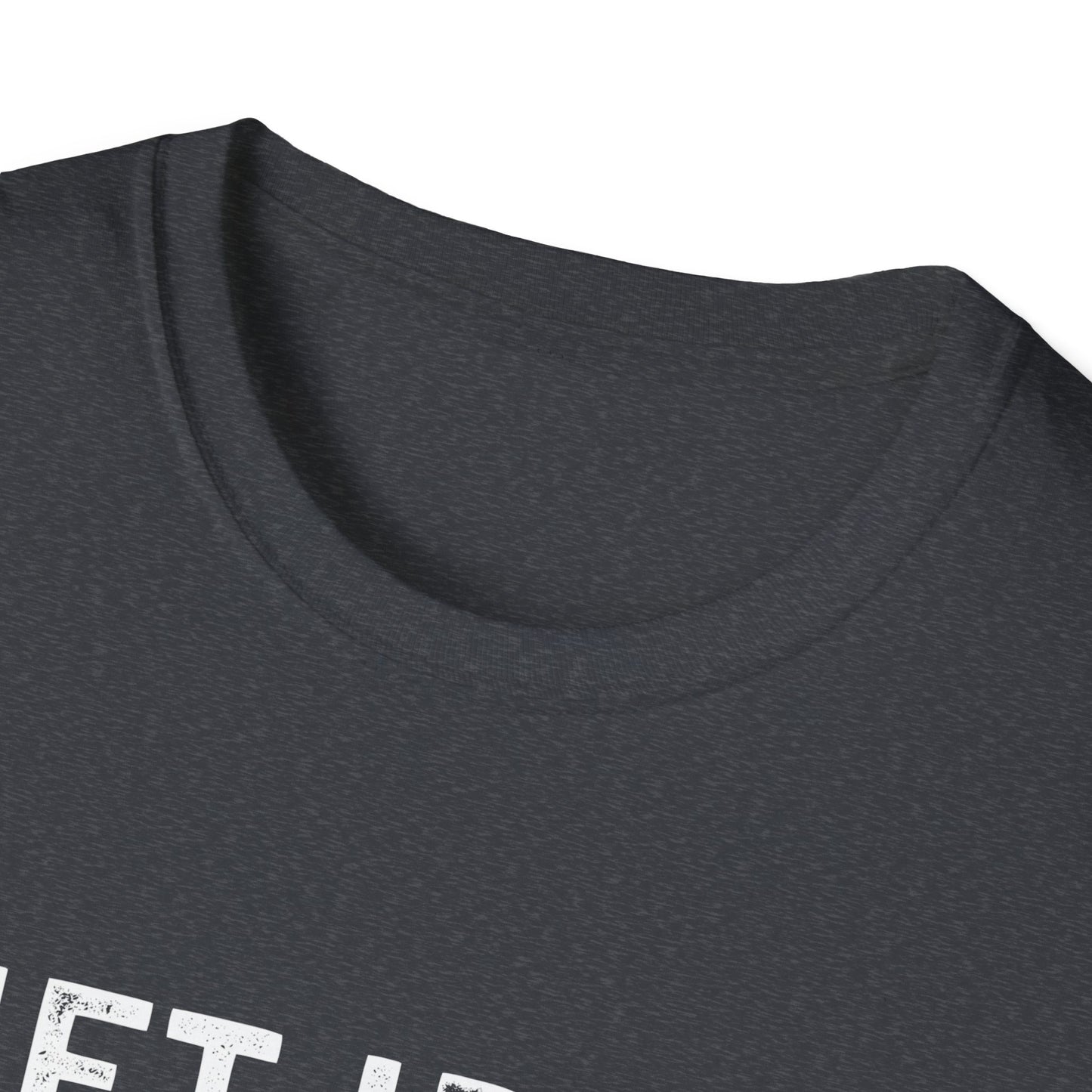 Close-up of the neckline of a comfortable unisex fitness tee featuring a motivational design.