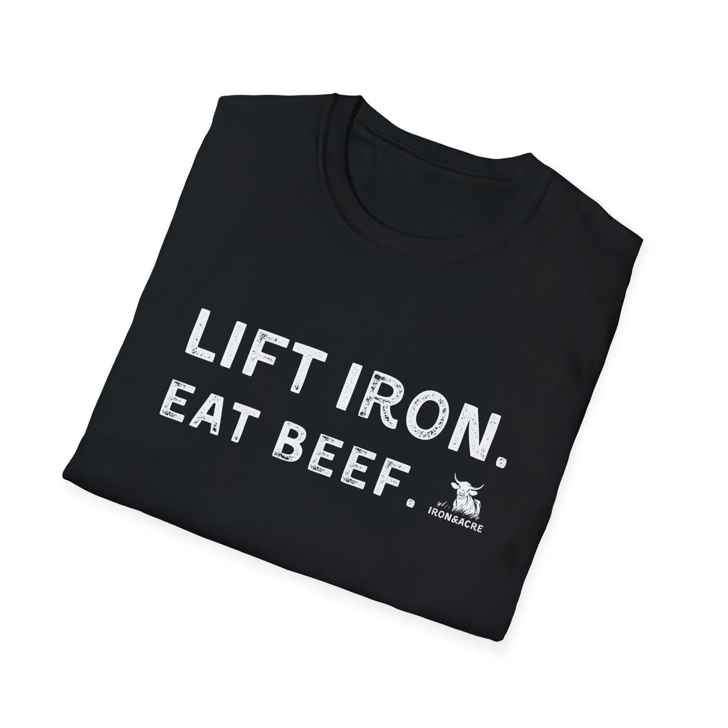 Lift Iron. Eat Beef. unisex fitness tee in black, ideal for gym lovers and casual wear.