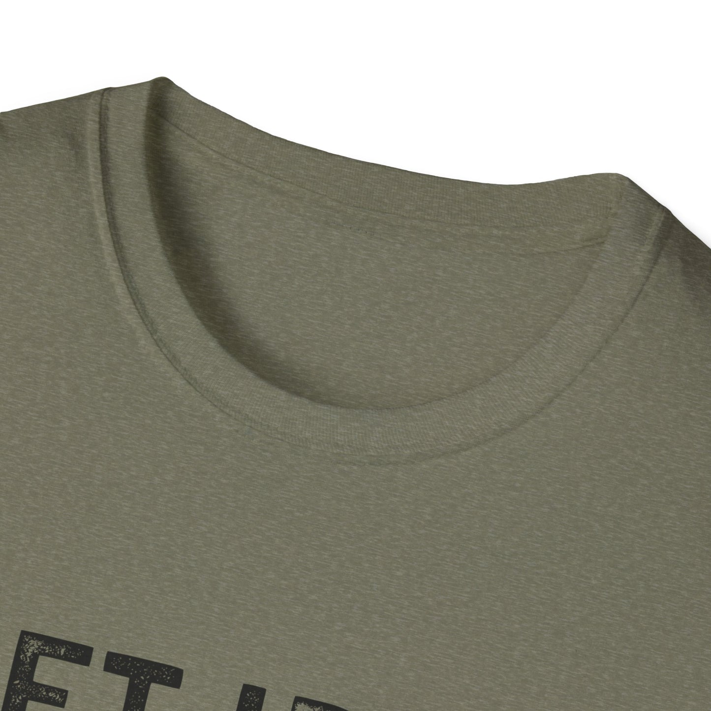 Close-up of the neckline of a comfortable unisex fitness tee in olive green, perfect for gym lovers.