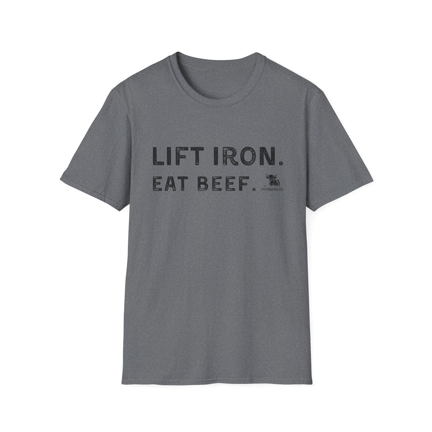 Lift Iron Eat Beef unisex fitness tee, comfortable gray shirt for gym lovers, perfect for workouts and casual wear.