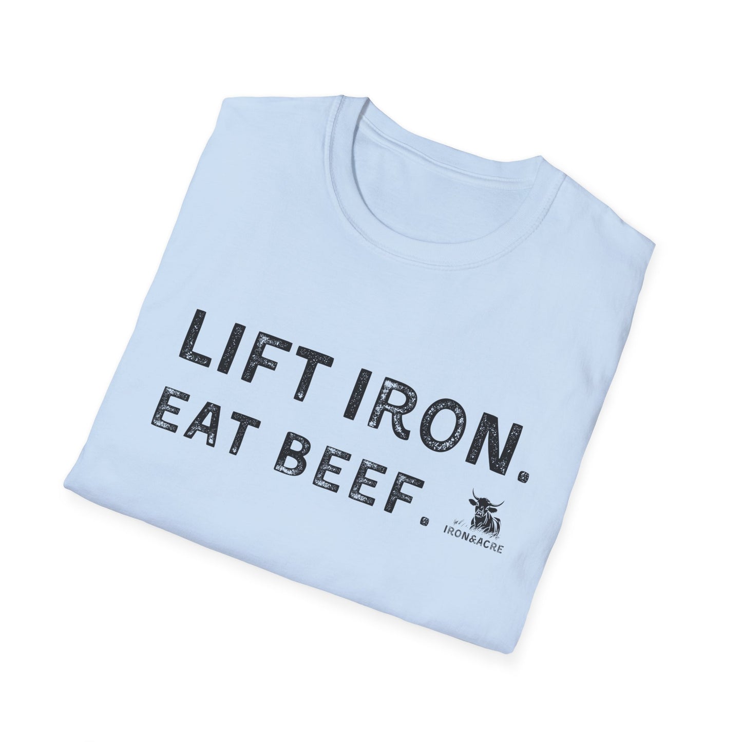 Light blue unisex fitness tee featuring 'Lift Iron. Eat Beef.' design, perfect for gym enthusiasts.