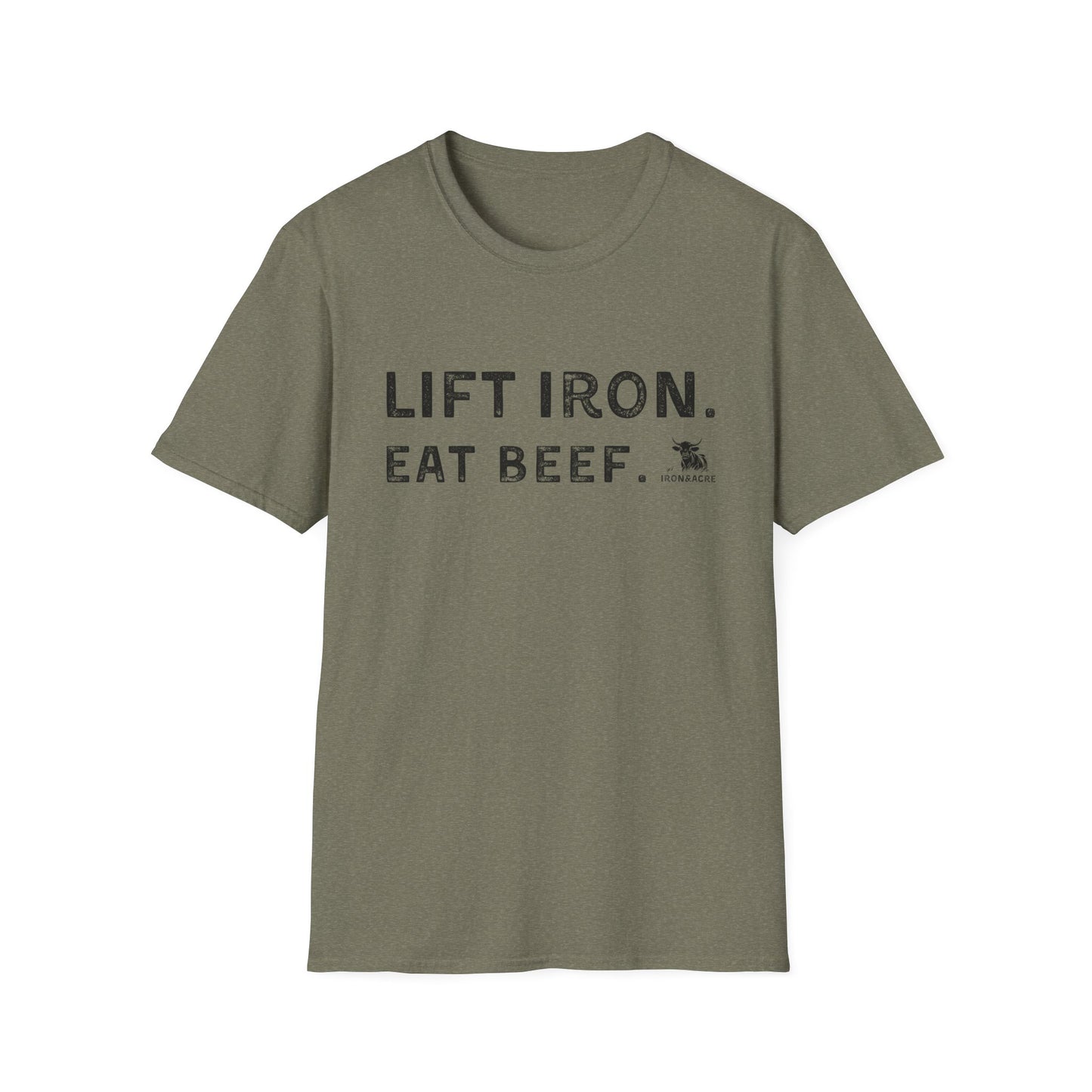 The Lift Iron Eat Beef unisex tee in olive green, perfect for gym lovers and casual wear.
