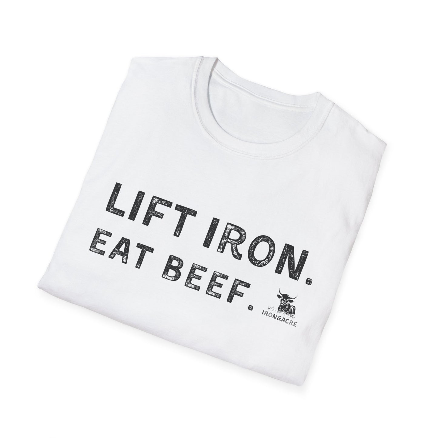Lift Iron Eat Beef unisex tee - lightweight and stylish shirt for gym enthusiasts, promoting fitness and humor.