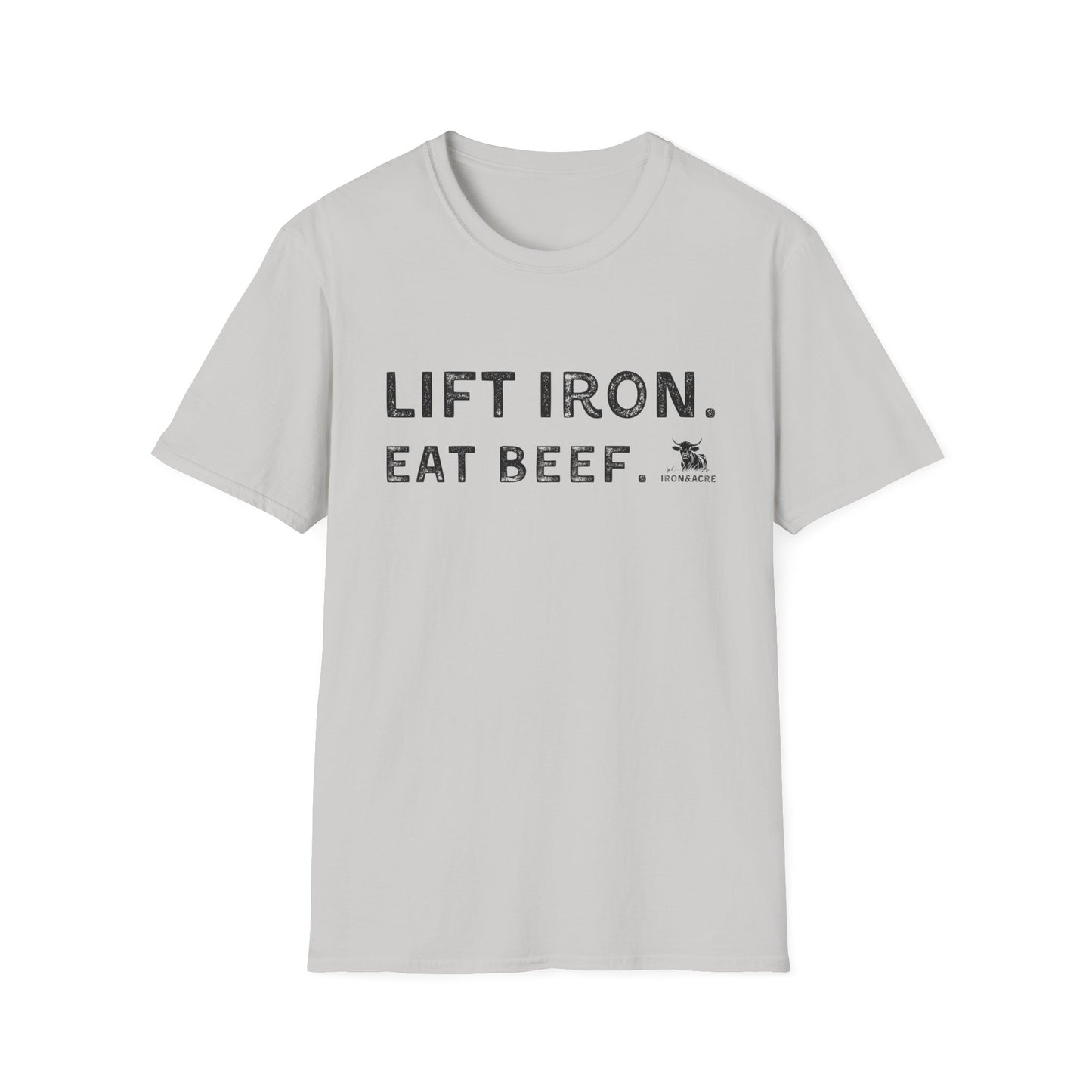 Lift Iron Eat Beef unisex tee, perfect for gym lovers, highlighting fitness and humor in a stylish design.