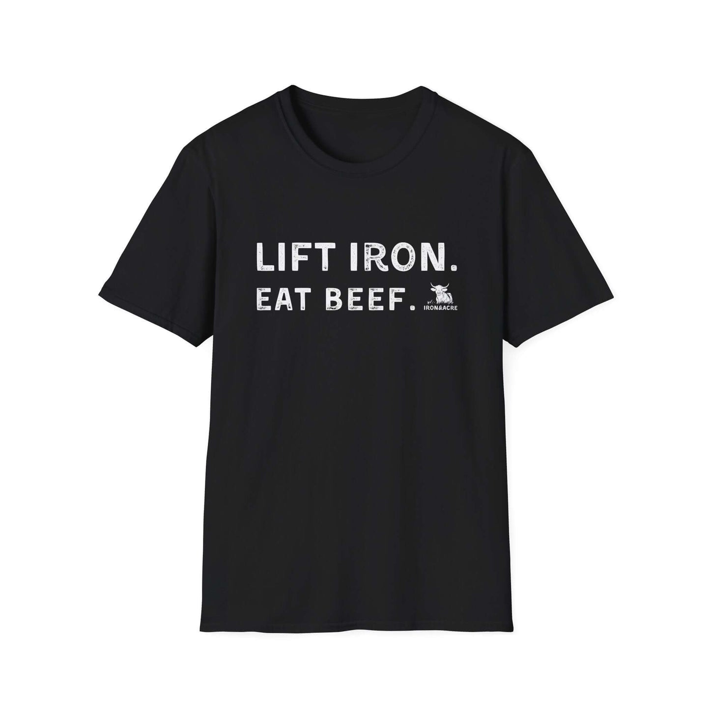 Unisex black t-shirt with 'Lift Iron. Eat Beef.' design, perfect for gym lovers and casual wear.