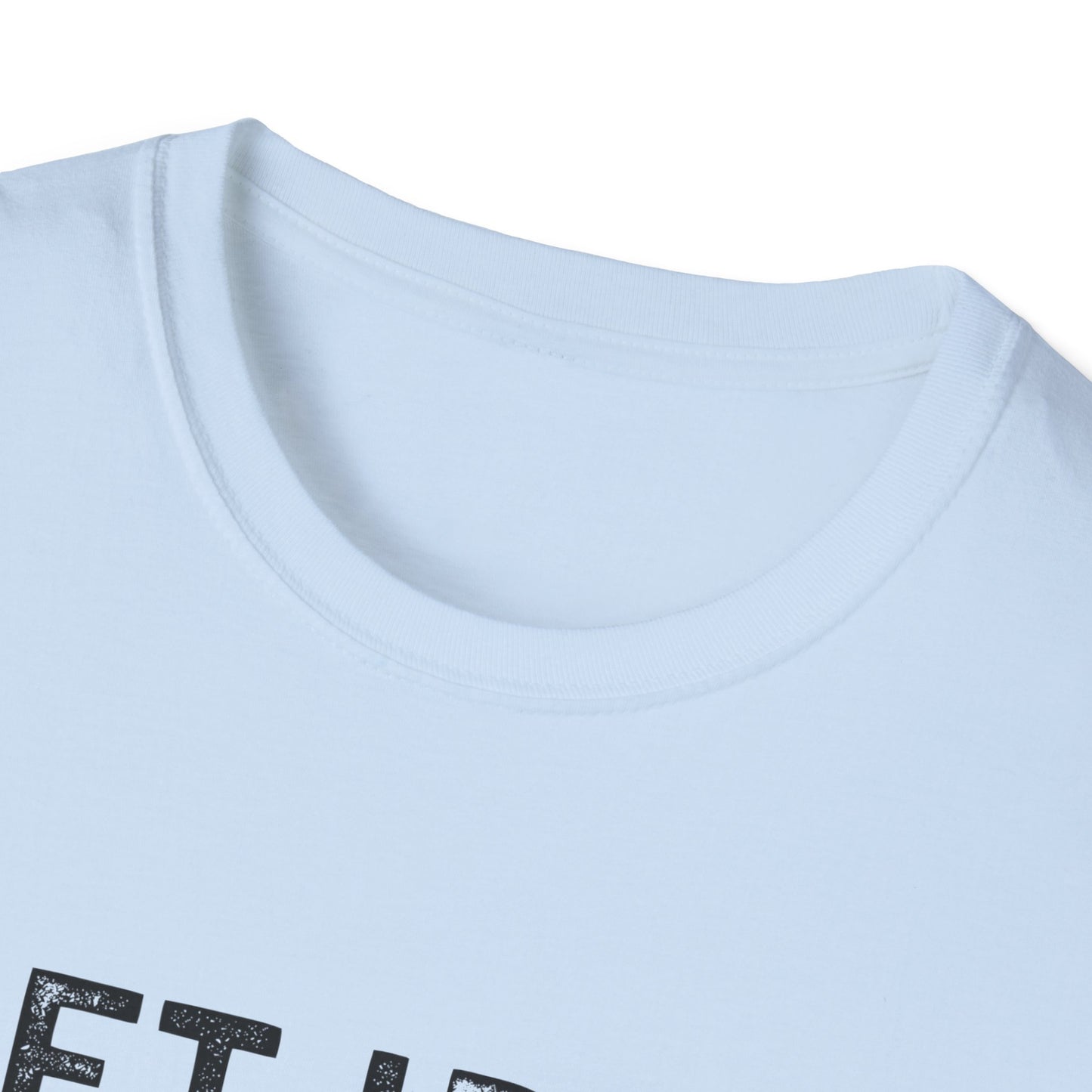 Close-up of the collar of a light blue unisex fitness tee with 'Lift Iron. Eat Beef.' design.