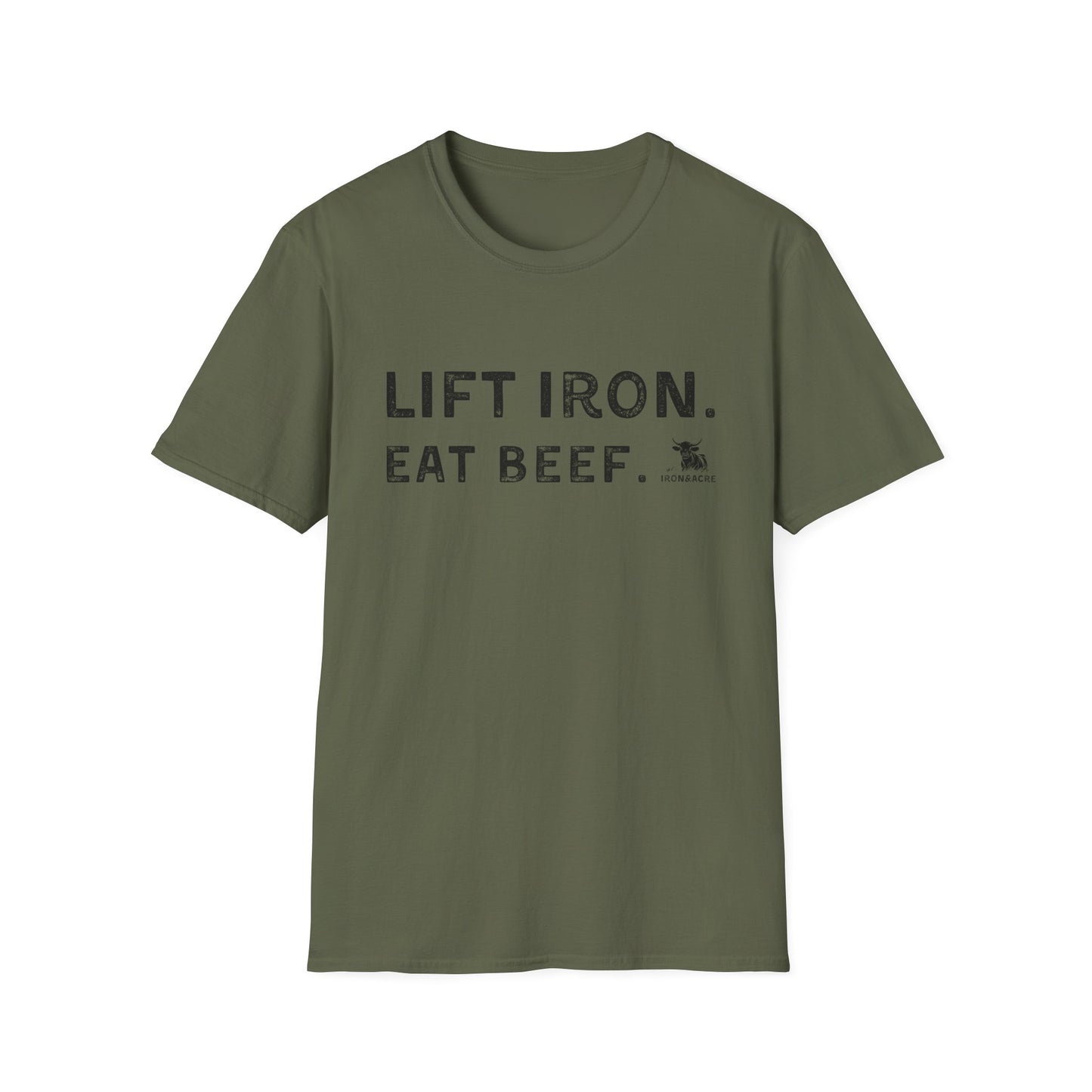 Lift Iron Eat Beef unisex tee in olive, perfect for gym lovers and casual outings with a humorous fitness design.