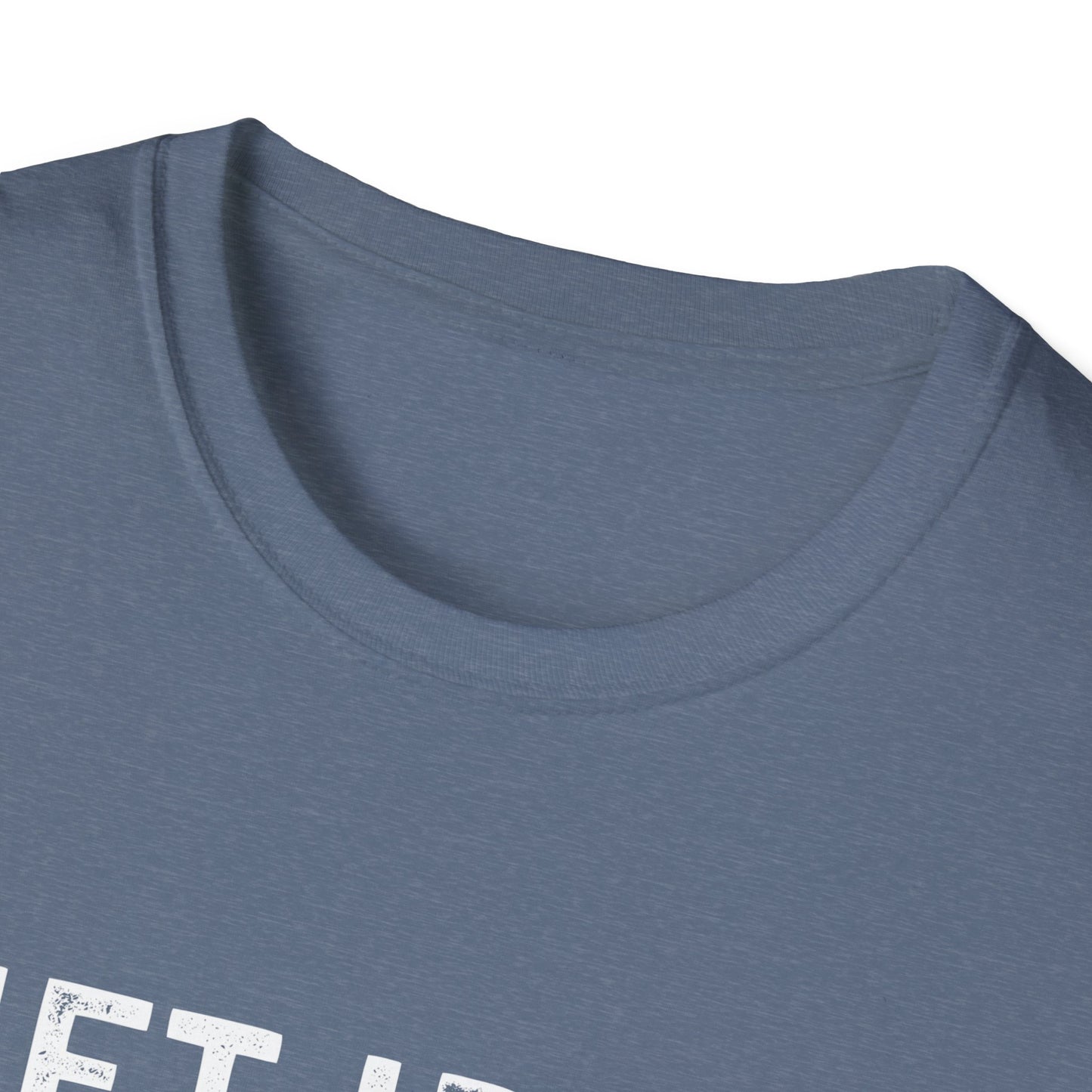 Close-up of the neckline of a softstyle unisex fitness tee in gray with 'Lift Iron. Eat Beef.' design.