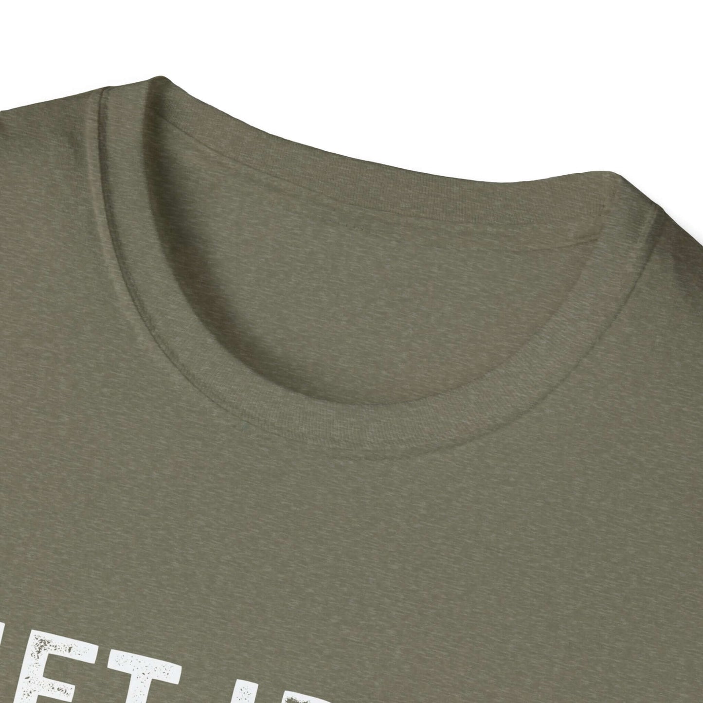 Close-up of the collar of The Lift Iron Eat Beef unisex fitness tee, showcasing its soft fabric and high-quality design.