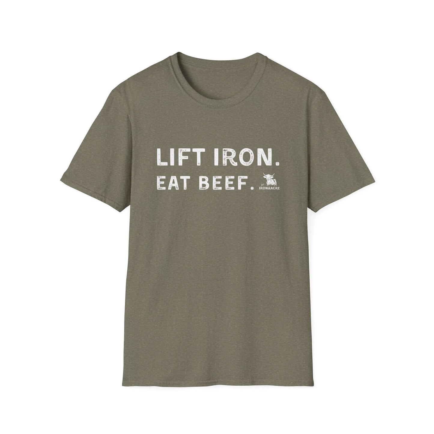 Lift Iron Eat Beef unisex t-shirt in olive green, perfect for gym lovers and casual outings.