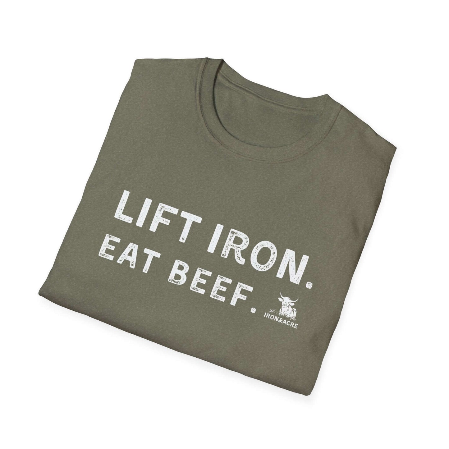 Lift Iron Eat Beef unisex tee in olive green, comfortable shirt for fitness lovers and gym enthusiasts.