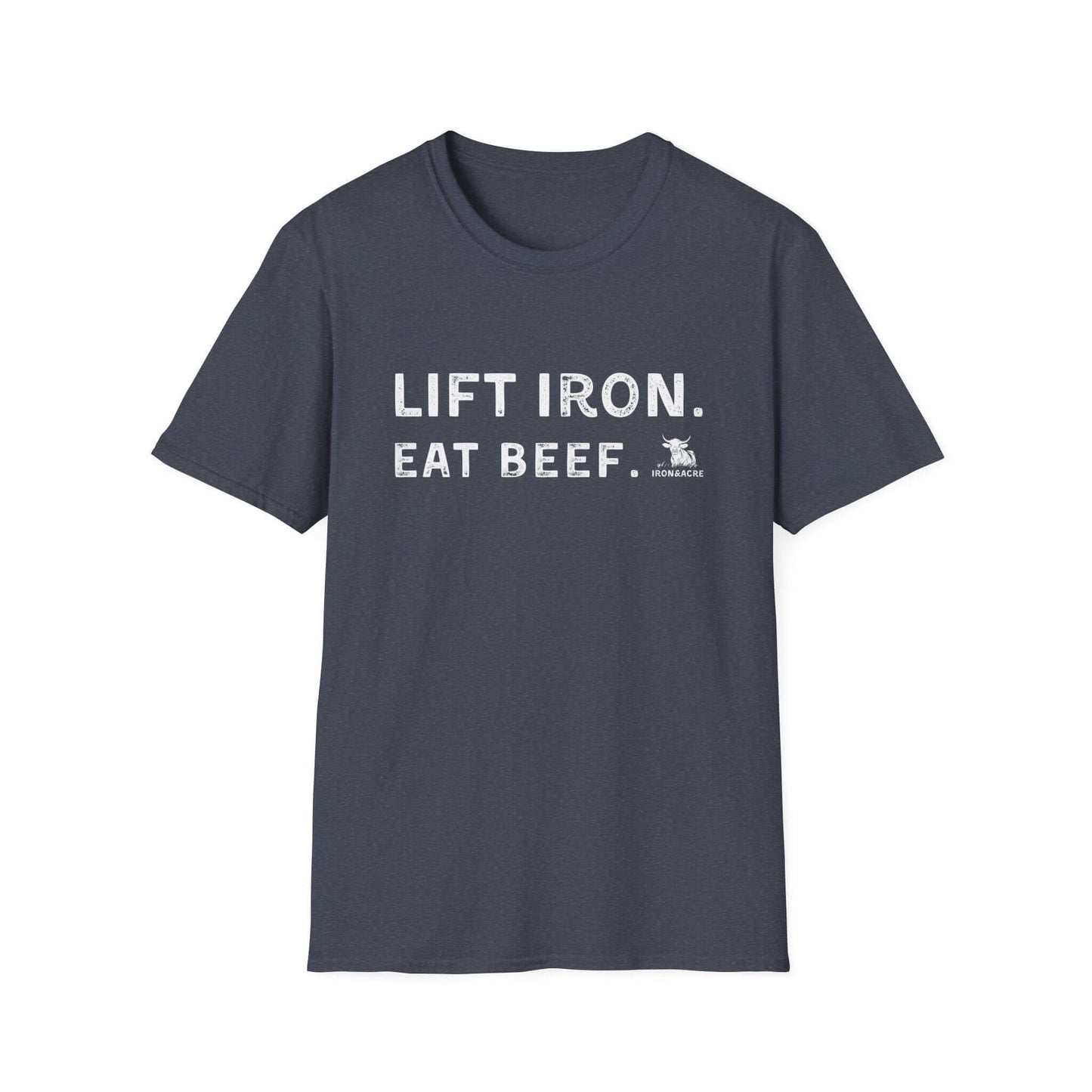 Lift Iron Eat Beef unisex fitness tee, perfect for gym lovers and casual outings.