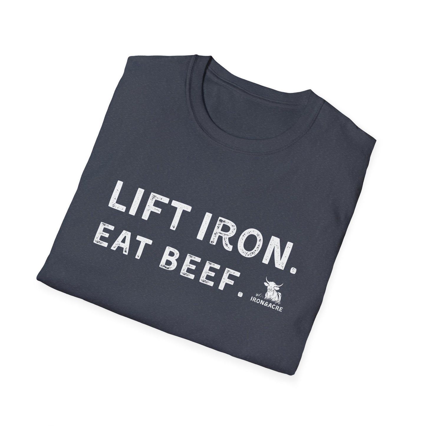 Lift Iron Eat Beef unisex gym tee, perfect for fitness lovers and casual wear, featuring a stylish design.
