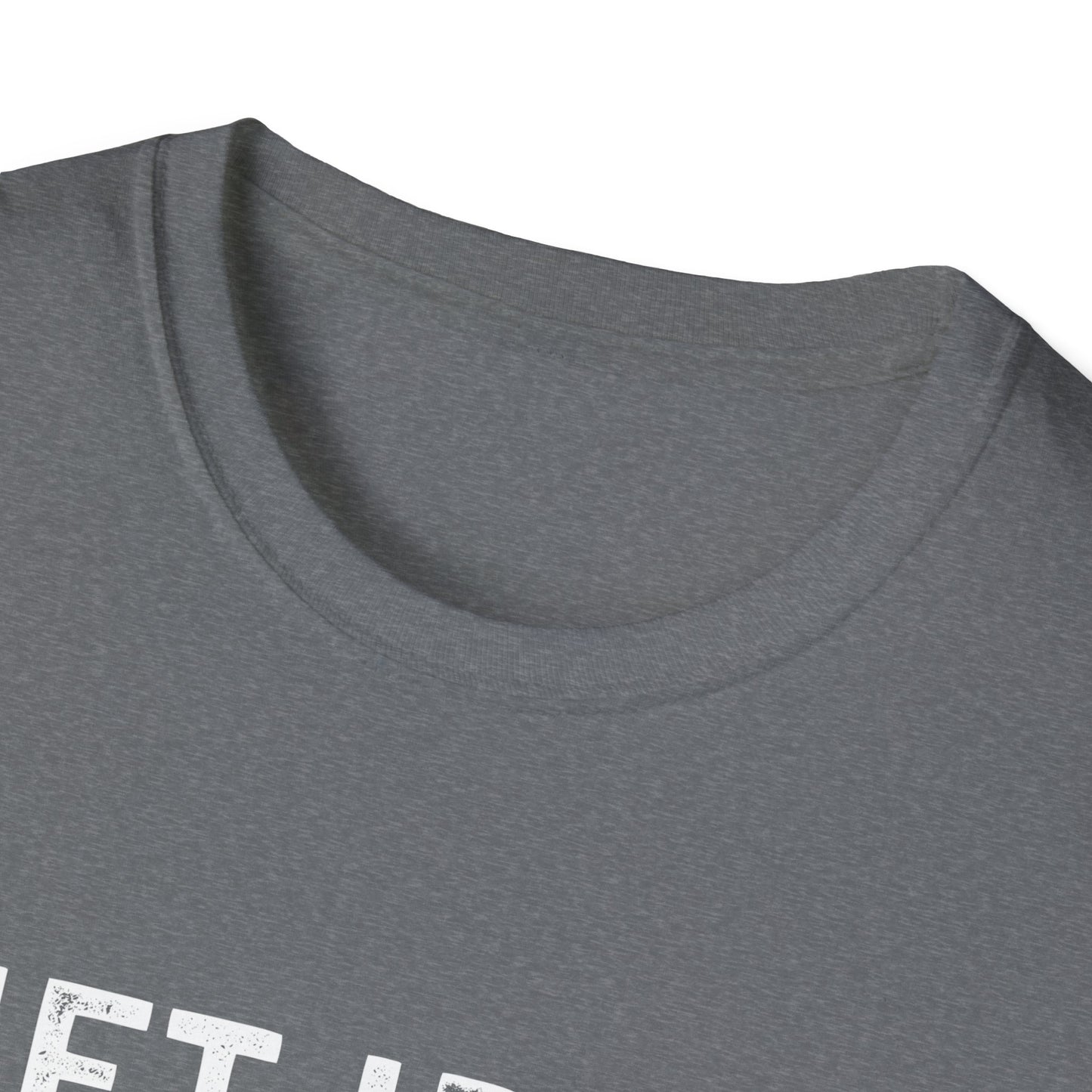 Close-up of the neckline of a gray unisex fitness tee with a humorous fitness slogan.
