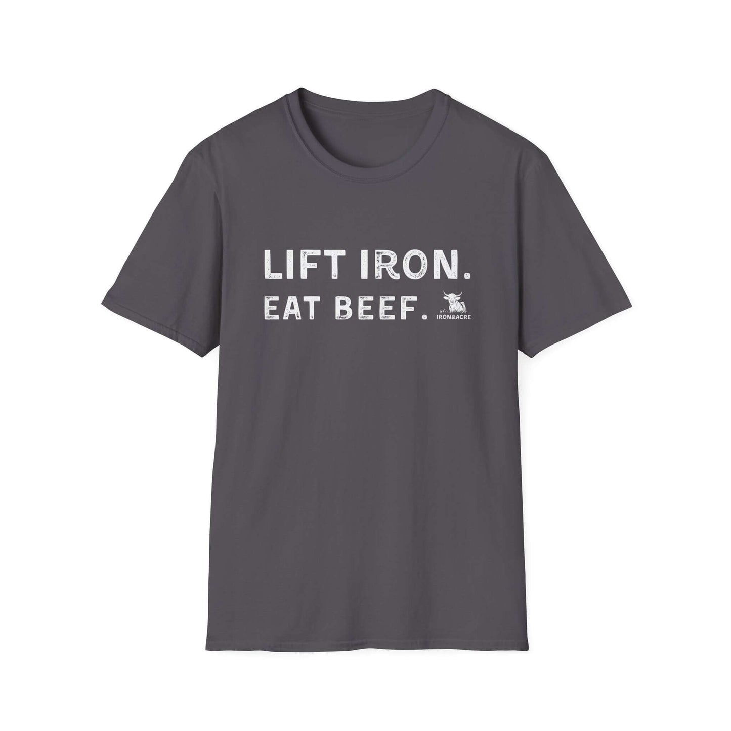 Unisex fitness tee with "Lift Iron. Eat Beef." design, perfect for gym lovers and casual wear.