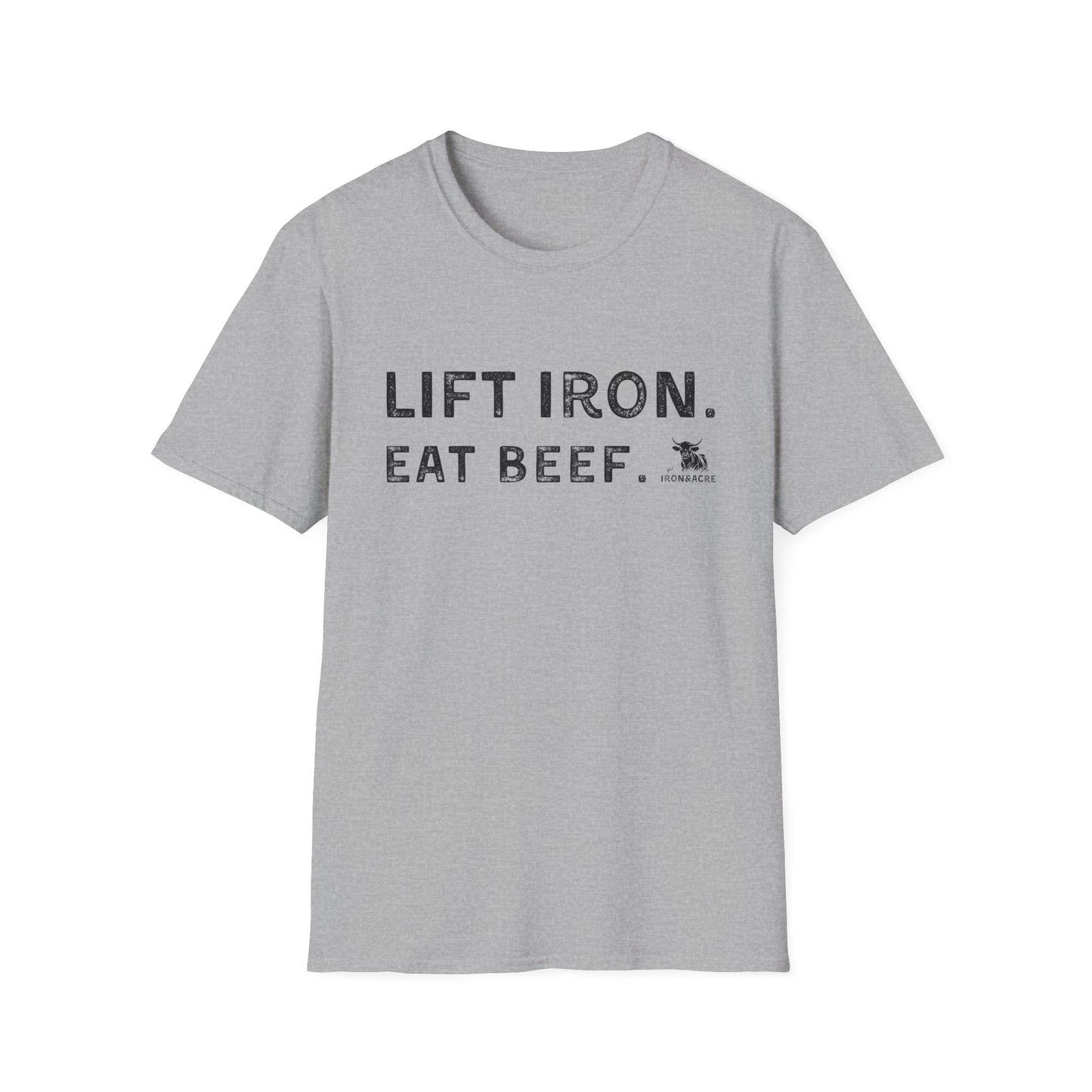Unisex fitness tee featuring 'Lift Iron. Eat Beef.' design, perfect for gym enthusiasts and casual wear.