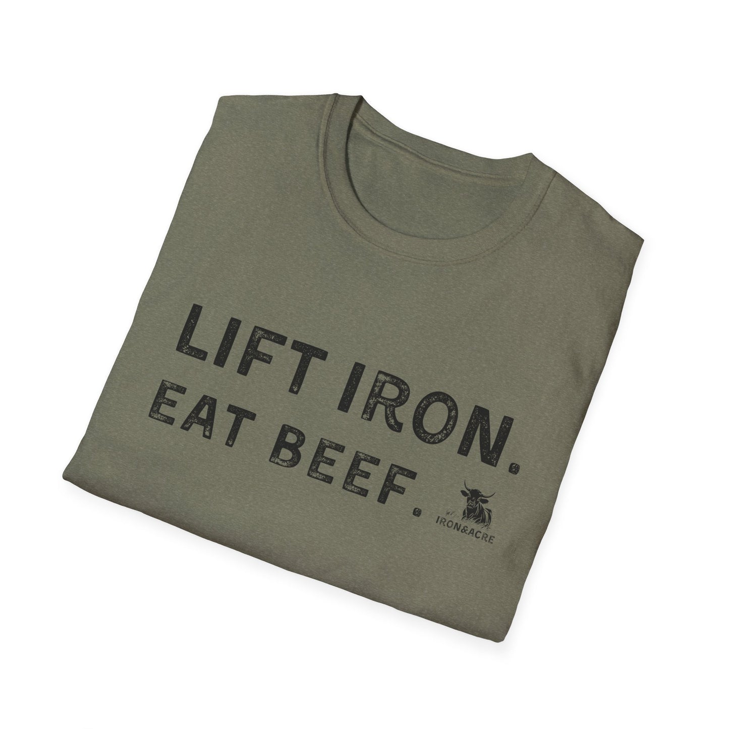 Lift Iron Eat Beef unisex tee, perfect for gym lovers and casual wear, featuring a humorous fitness design.