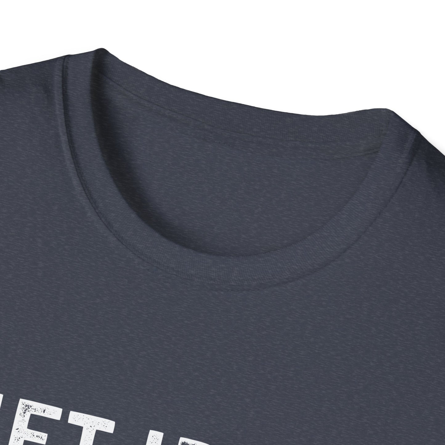 Close-up of the neckline of a unisex gym tee with 'Lift Iron. Eat Beef.' design in white, showcasing fabric texture.