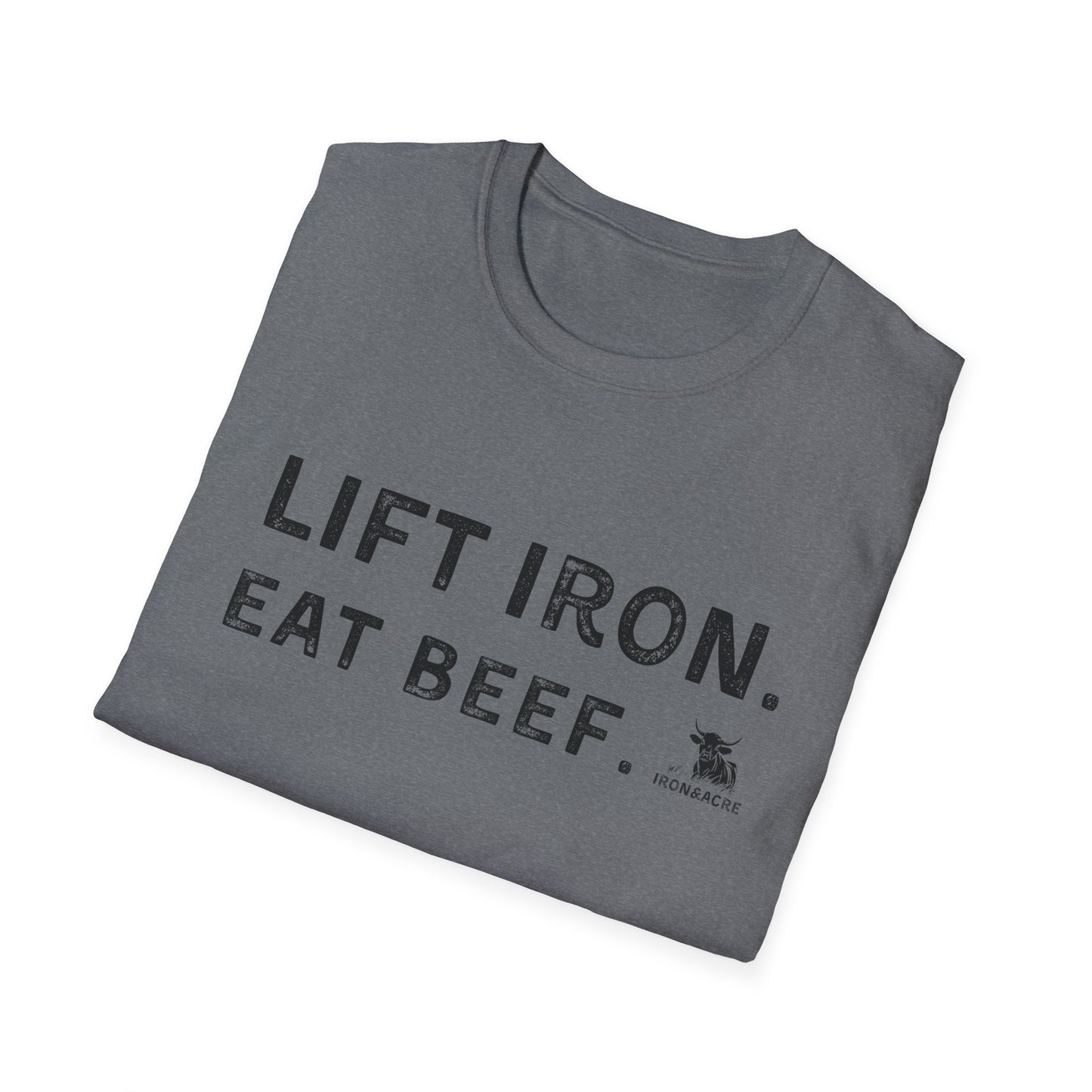 Unisex softstyle tee with 'Lift Iron. Eat Beef.' slogan, ideal for gym lovers and casual wear.