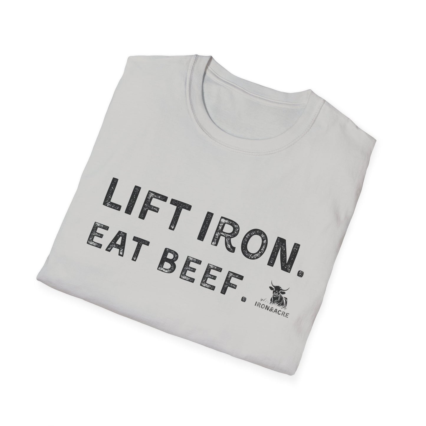 Lift Iron Eat Beef unisex fitness tee, comfortable and stylish for gym lovers, light gray design.